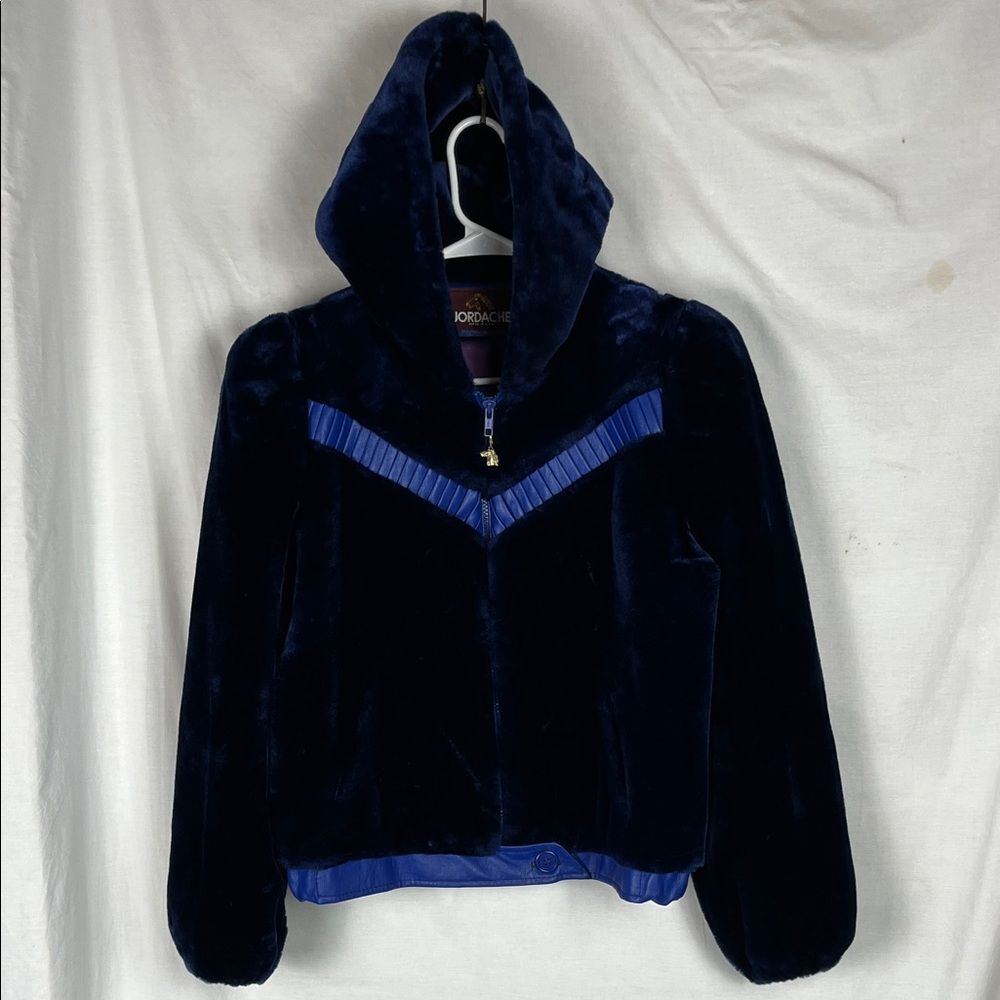 Vintage 1980s Jordache Faux Fur & Faux Leather Dark Blue Hooded Winter Coat
